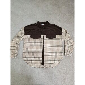 Hyfve Mens Brown Corduroy Plaid Mixed Media Snap Button Shirt Large